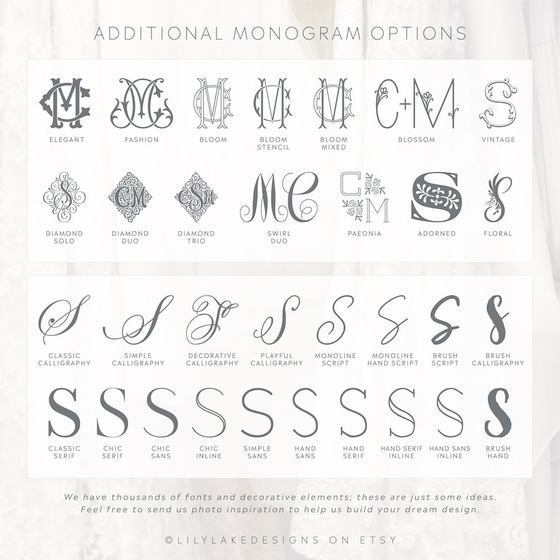 May include: A display of monogram options in various styles, including elegant, fashion, and vintage designs. The image showcases different fonts, such as classic calligraphy, simple sans, and brush calligraphy. Text at the bottom reads, "We have thousands of fonts and decorative elements."