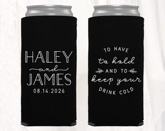 Slim 12oz Wedding Can Coolers, Personalized Wedding Favors, To Have To Hold, Customized Skinny Can Coolers, Slim Insulators Seltzer, TH2012
