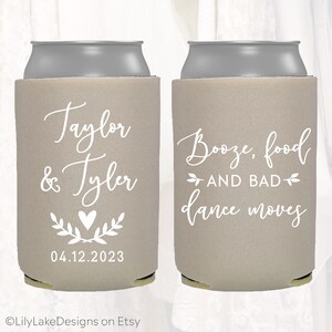 Personalized Wedding Favors; Booze, Food & Bad Dance Moves; Customized Wedding Can Coolers; Beverage Insulators Beer Drink Huggers | BFD102