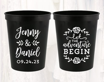 Personalized Wedding Stadium Cups, Let Adventure Begin, 16oz Cup, Custom Wedding Favors, Monogrammed Plastic Wedding Cup, Reusable, ADV302