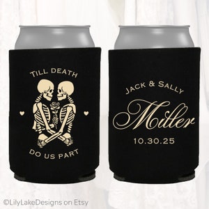 Personalized Halloween Wedding Favors, Custom Gothic Wedding Can Coolers Till Death Do Us Part, Goth Skeleton Halloween Party Hugger, HAL102