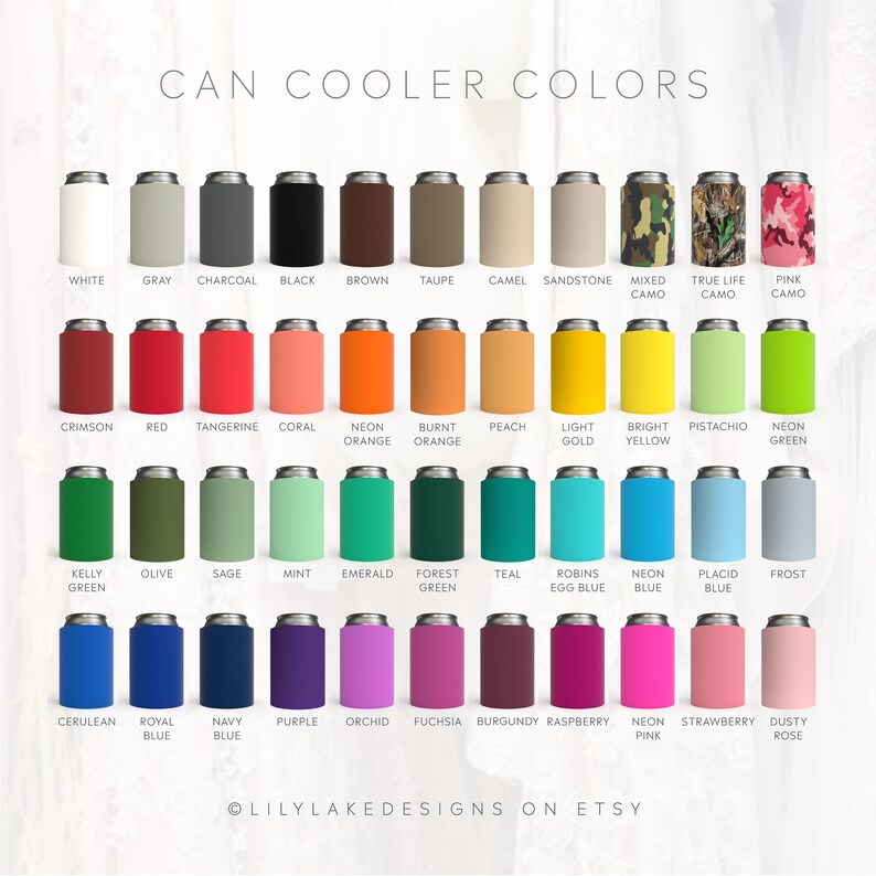 Puede incluir: Una tabla de 36 colores diferentes para enfriadores de latas. Los colores est&aacute;n dispuestos en filas y columnas, con cada color representado por una peque&ntilde;a imagen de un enfriador de latas. Los colores incluyen blanco, gris, carb&oacute;n, negro, marr&oacute;n, topo, camel, arenisca, camuflaje mixto, camuflaje de la vida real, camuflaje rosa, carmes&iacute;, rojo, mandarina, coral, naranja ne&oacute;n, naranja quemado, melocot&oacute;n, oro claro, amarillo brillante, pistacho, verde ne&oacute;n, verde kelly, oliva, salvia, menta, esmeralda, verde bosque, azul aguamarina, azul huevo de robin, azul ne&oacute;n, azul pl&aacute;cido, escarcha, azul cer&uacute;leo, azul real, azul marino, morado, orqu&iacute;dea, fucsia, burdeos, frambuesa, rosa ne&oacute;n, fresa y rosa polvoriento.
