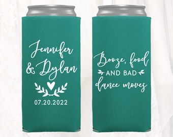 Slim 12oz Wedding Can Coolers, Personalized Wedding Favors, Booze Food Bad Dance Moves, Customized Skinny Can Coolers, Slim Seltzer, BFD202