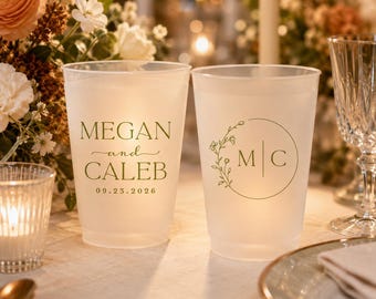 Personalized Wedding Frosted Cups: Customized Wedding, Party, Shower, Rehearsal Dinner Favors; Shatterproof Plastic | MON4010
