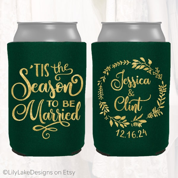 Personalized Winter Wedding Can Cooler, Customized Christmas Holiday Wedding Favors, Tis Season to be Married, Beverage Insulator | XMAS101