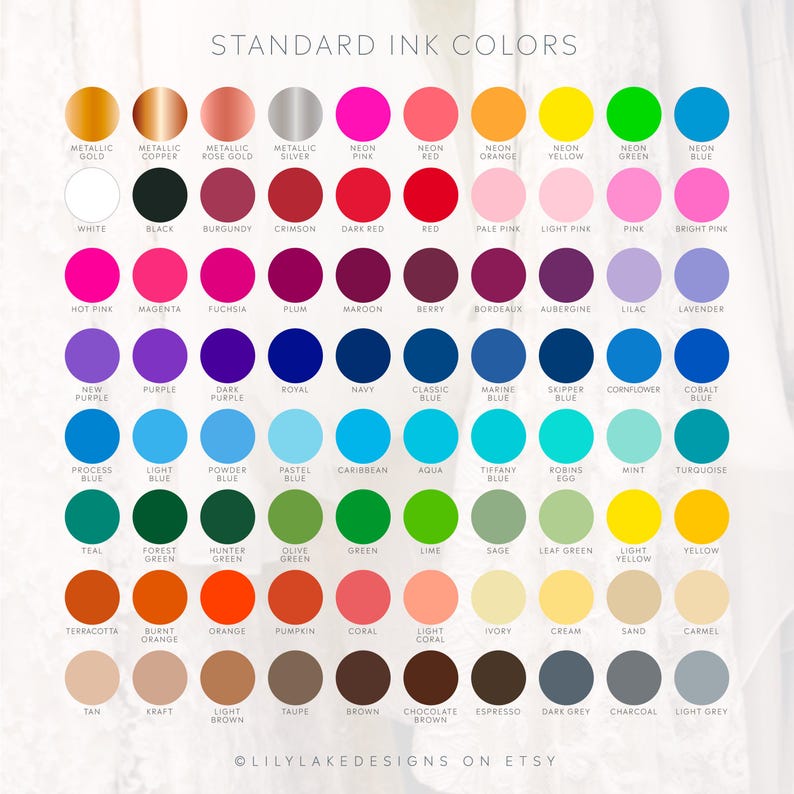 Puede incluir: Una carta de colores que muestra una amplia gama de colores de tinta, incluyendo tonos met&aacute;licos, ne&oacute;n y est&aacute;ndar. La carta est&aacute; organizada en filas y columnas, con cada color presentado en una muestra circular y etiquetado con su nombre.