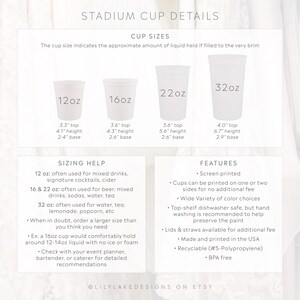 May include: Stadium cups in four sizes: 12oz, 16oz, 22oz, and 32oz. The cups are white and have measurements for the top, height, and base. The image also includes sizing help and features information for the cups.