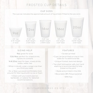 May include: A sizing chart for frosted cups displaying five sizes: 9oz, 12oz, 14oz, 16oz, and 20oz. Each cup includes specific dimensions for top diameter, height, and base diameter in inches. The chart also lists sizing help and product features.