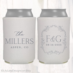 May include: Two white can coolers with gray text. One cooler reads "The MILLERS ASPEN, CO" in a script font. The other cooler has the initials "F&G" inside a floral wreath and the date "08.14.2025".