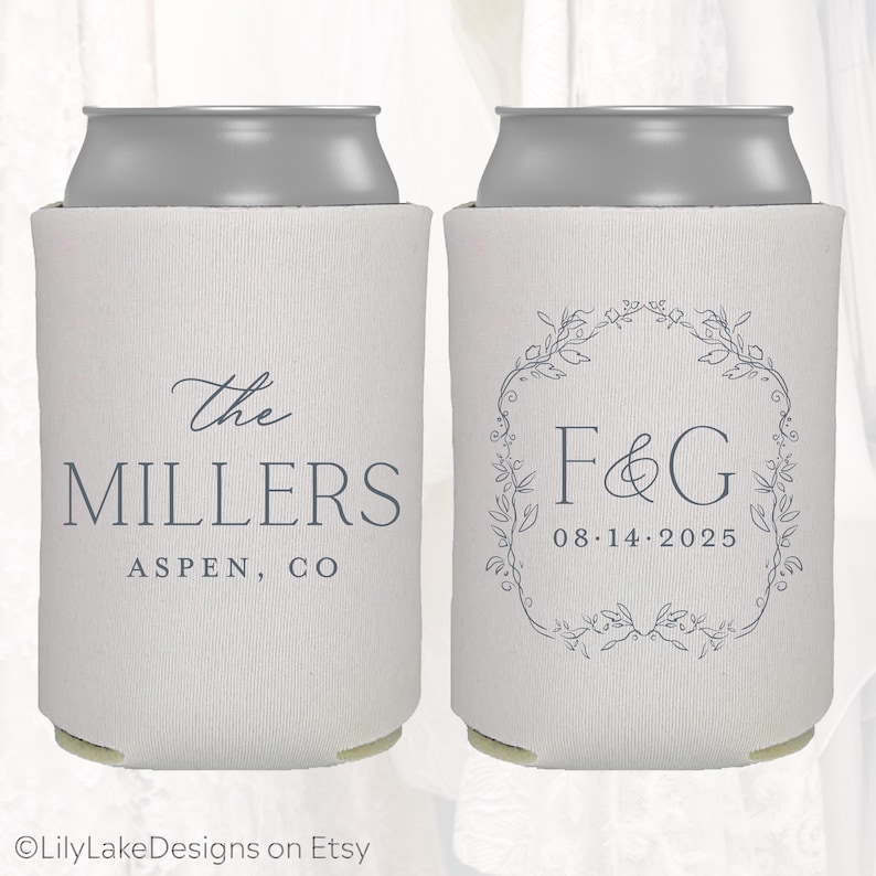 May include: Two white can coolers with gray text. One cooler reads "The MILLERS ASPEN, CO" in a script font. The other cooler has the initials "F&G" inside a floral wreath and the date "08.14.2025".