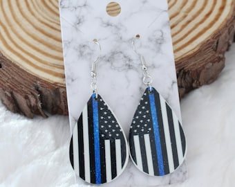 Thin Blue line Flag Sublimation Teardrop Earrings