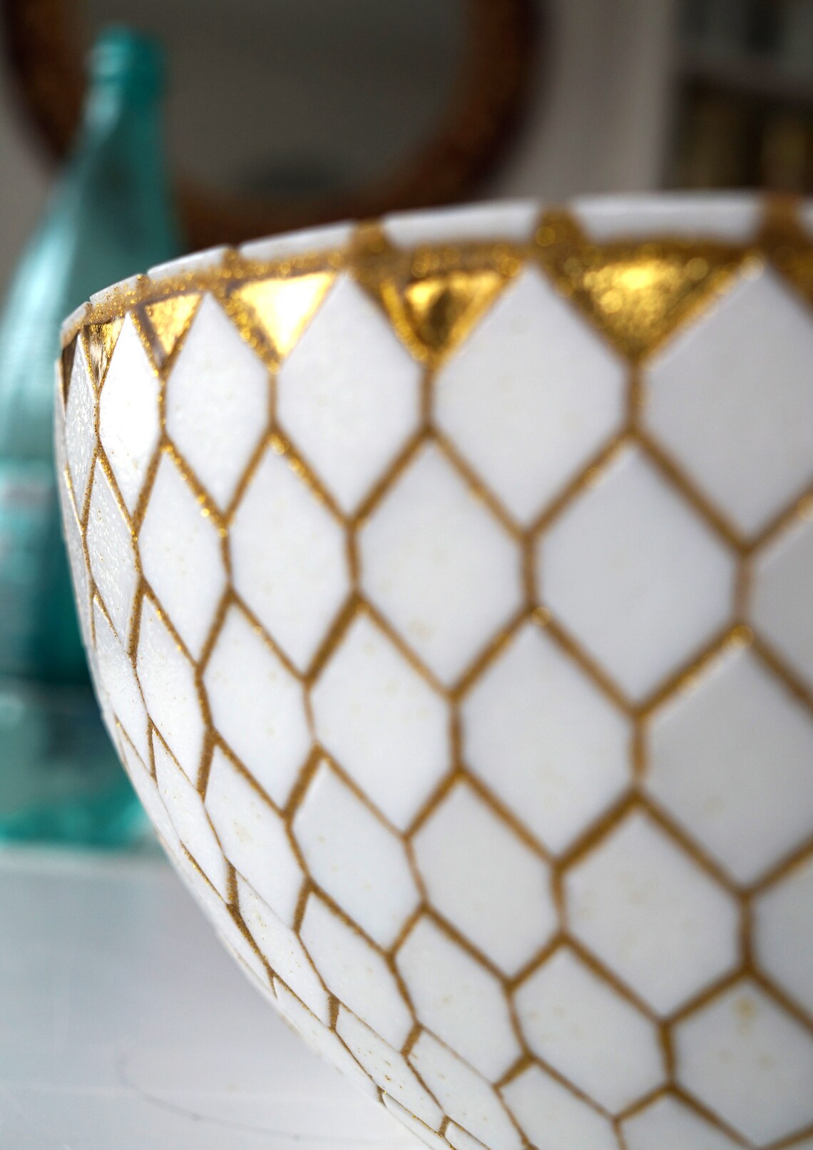 White and Gold glass Mosaic Bowl Table decor Large Fruit Etsy