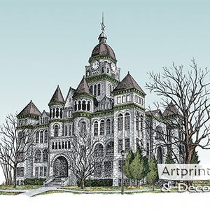 May include: A detailed pen and ink illustration of a historic courthouse building with a clock tower. The building is made of stone and has a slate roof. There are trees and bushes in front of the building.