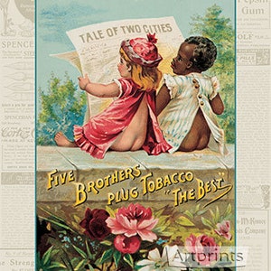Pode incluir: Anúncio vintage para Five Brothers Plug Tobacco com duas crianças, uma vestindo um vestido vermelho e a outra vestindo um vestido azul, lendo um jornal intitulado "Tale of Two Cities". O anúncio apresenta o texto "Five Brothers Plug Tobacco "The Best"".