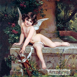 May include: A painting depicting a winged cherub, holding a bow and arrow, seated on a stone bench within a garden. The cherub is naked and has a white cloth draped over its legs. The cherub gazes down at the bow and arrow, resting on the bench. The background features a vibrant garden with flowers and trees.