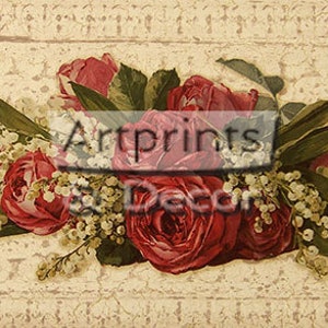 May include: A vintage floral design featuring a bouquet of red roses and white lily of the valley flowers. The flowers are arranged in a horizontal row on a cream-colored background with a distressed texture.
