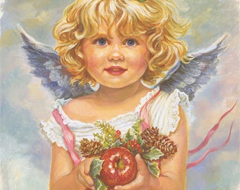 Christmas Angel Holding Apple - Tirage d’art