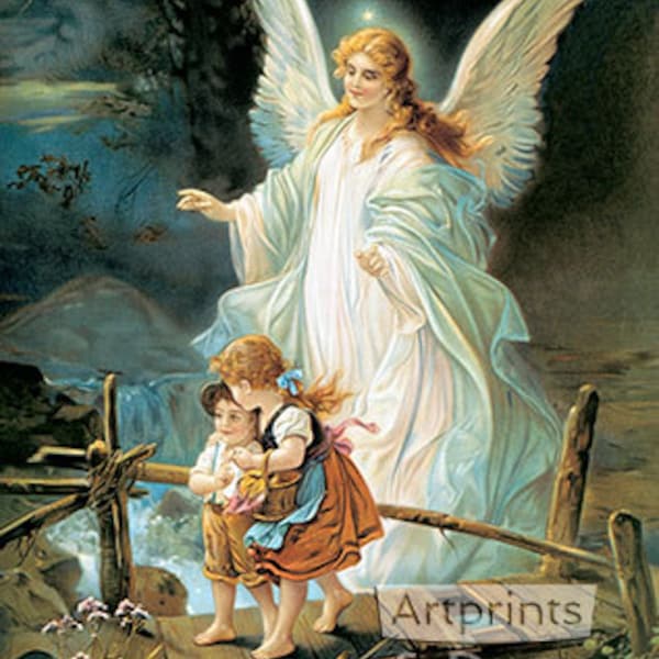 Guardian Angel by Lindberg Heilige Schutzengel Art Print of Vintage Art 16 x 20 Image Size Angel Art