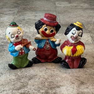 Three Vintage Ceramic Clown Band Figurines, Vintage Clown Band Trio, Vintage Clowns, Vintage Band of Clowns Figurines, Clown Figurines