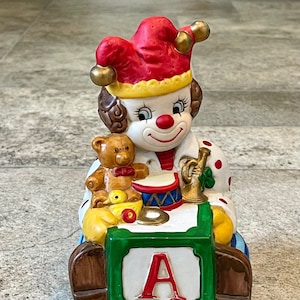 Vintage Bisque Ceramic Clown Spinning Music Box That Plays Silent Night, Vintage Clown Music Box, Vintage Clown Spinning Music Box
