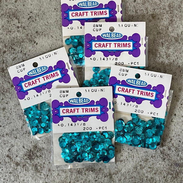 Seven Packs of Vintage 8mm Walbead Craft Trims 200 Piece Cup Bluish Green Sequins 1431/8, Vintage Blue Sequins, Green Blue Sequins