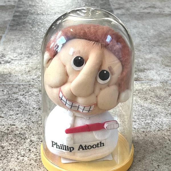 Vintage 1980's Russ Preserved Personalities Phillip Atooth Stocking Doll Figure in a Plastic Dome, Russ Berrie Dolls, Vintage Russ Berrie
