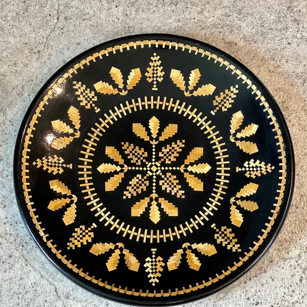 Vintage Russian Folk Art Wood Straw Inlay Marquetry Lacquered Plate, Folk Art Straw Inlay, Straw Lacquer Plate, Marquetry Plate