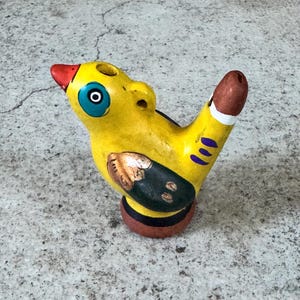 Vintage Clay Bird Whistle – Hand Painted Yellow Folk Art Pottery Toy