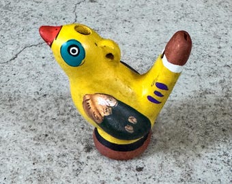 Vintage Clay Bird Whistle – Hand Painted Yellow Folk Art Pottery Toy