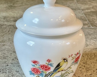Vintage 1970s Avon Milk Glass Covered Jar with Floral Bird Design