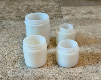 Set of 4 Vintage White Milk Glass Apothecary Jars – Cosmetic or Vanity Containers w/o Lids