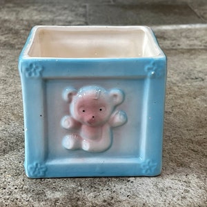アンティーク雑貨 Baby Block Kind Bear Vase Vintage Baby Alphabet Block Planter, Blue Pink Nursery Block
