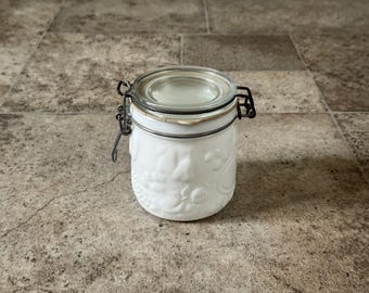 Vintage French White Milk Glass Jar with Wire Bale Lid - Half Litre Embossed Storage Canister