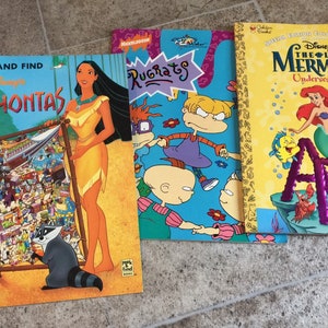 Vintage 1997 Nickelodeon Rugrats Paint Book, Vintage 1997 The Little Mermaid Coloring Book, Vintage 1995 Disney's Look and Find Pocahontas