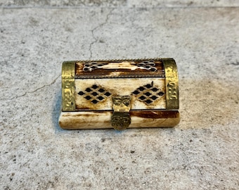 Vintage Camel Bone Trinket Box with Brass Accents – Velvet Lined – Made in India