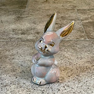 Vintage Ceramic Pink and Gold Bunny Cotton Dispenser, Small Vintage Ceramic Bunny, Vintage Bunny Cotton Holder, Vintage Bunny Figurine