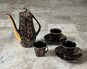 Vintage Chodziez Black & Gold Porcelain Coffee Tea Set 6pc Poland