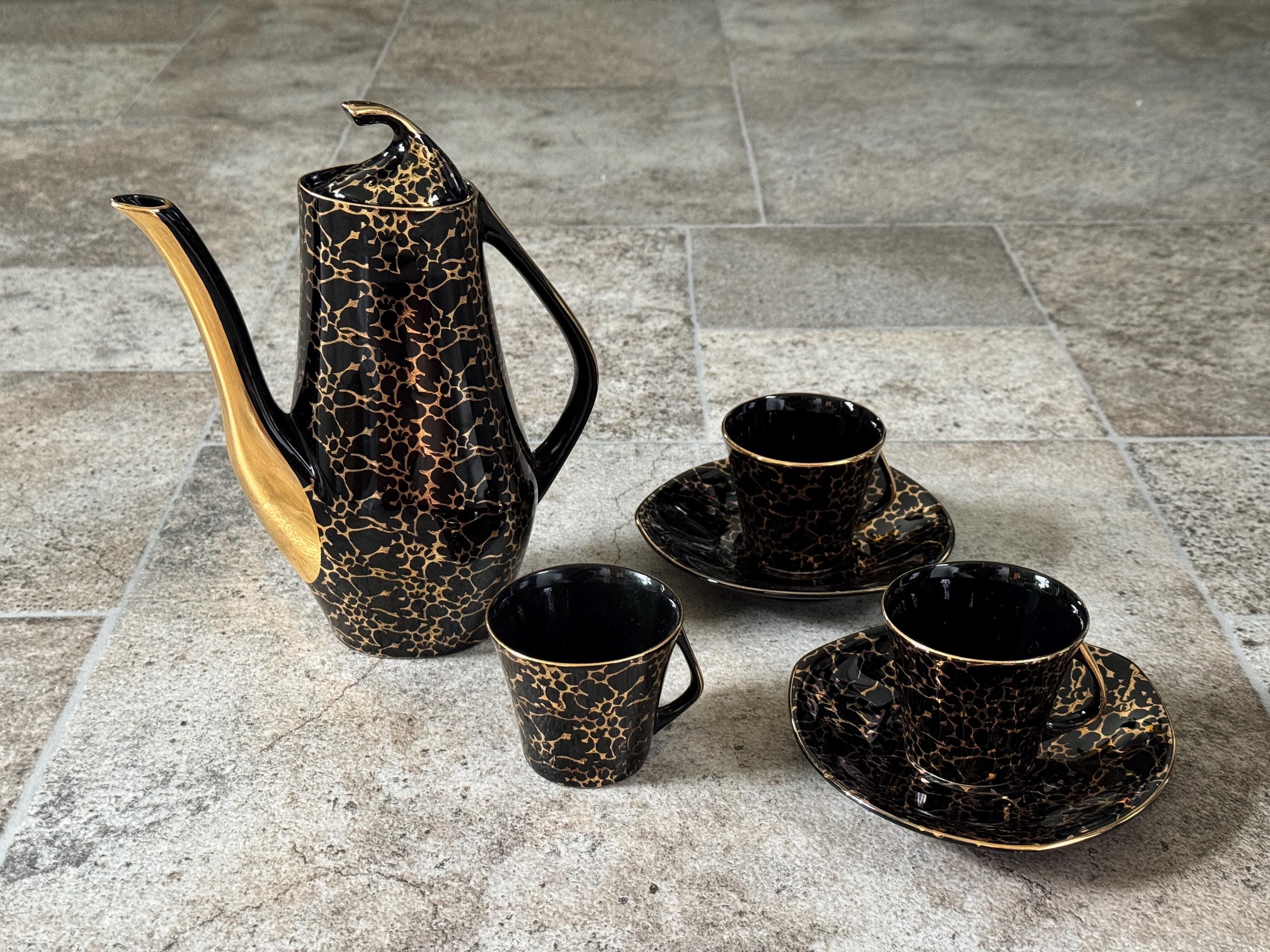 Vintage Chodziez Black & Gold Porcelain Coffee Tea Set 6pc Poland