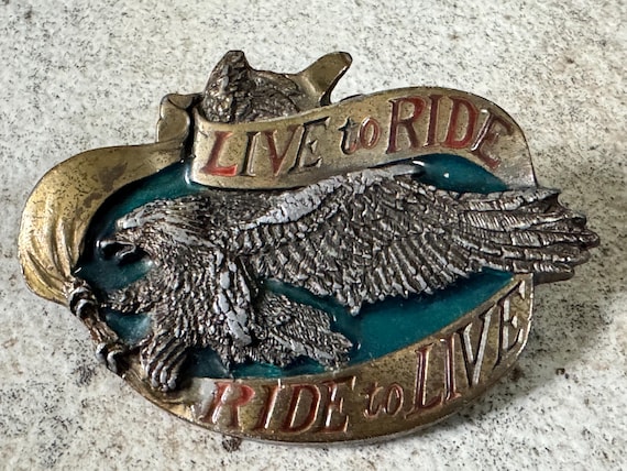 Vintage 1980 Bergamot “Live to Ride, Ride to Live” Eagle Belt Buckle USA