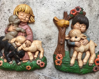 Vintage 1981 Alberta’s Molds Inc. Ceramic Wall Hangings of a Little Boy and Girl with Sheep, Vintage Alberta's Mold, Vintage Wall Hangings