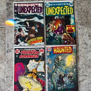 Four Vintage Horror Comic Book Lot with Unexpected, Frankenstein The Phantom Stranger & Haunted Comics, Vintage Horror Comic Book Lot