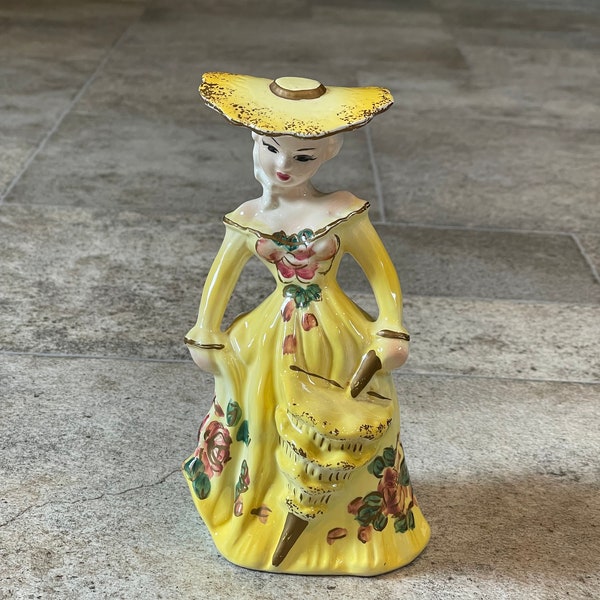 Vintage Ceramic Parasol Lady Planter with Yellow Dress and Hat, Vintage Ceramic Girl Planter, Vintage Lady Planter, Vintage Planter