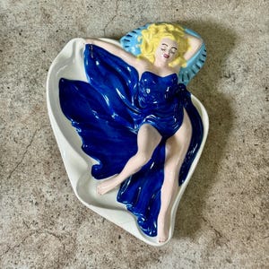 Vintage Pin-Up Girl Ceramic Dish – Blonde in Blue Dress – Risqué Vanity Tray or Catchall