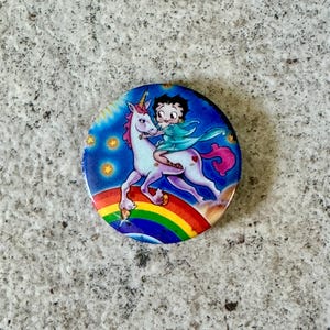 Vintage Betty Boop Unicorn Rainbow Button Pin – Retro Cartoon Collectible
