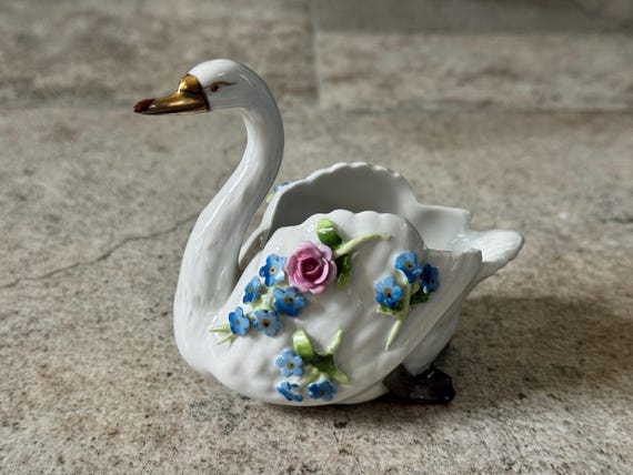 Vintage Von Schierholz Dresden Porcelain Swan With Flowers
