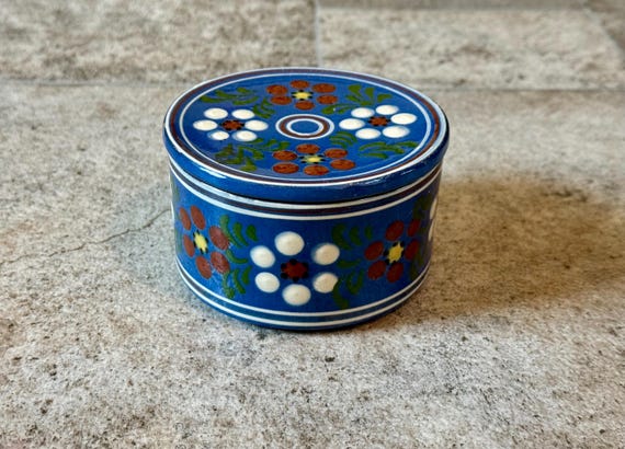 Vintage Hand Painted Terracotta Floral Decoration Trinket Dish, Vintage Terracotta Trinket Dish, Covered Floral Terracotta Trinket Dish