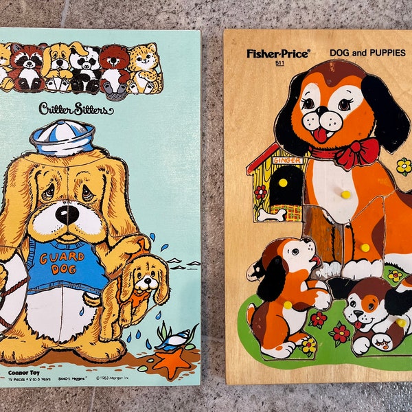 Vintage Critter Sitters Guard Dog Puzzle and Fisher Price Dog and Puppies Puzzle, Fisher Price Puzzle, Vintage Kids Puzzles, Critter Sitters