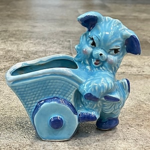 Vintage Blue Puppy Pushing Cart Planter, Vintage Blue Puppy Planter, Vintage Puppy Planter, Small Vintage Blue Planter, Vintage Dog Planter