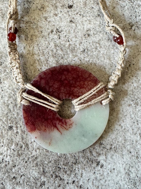 Handmade Macrame Stone Necklace with Red and Gree… - image 4