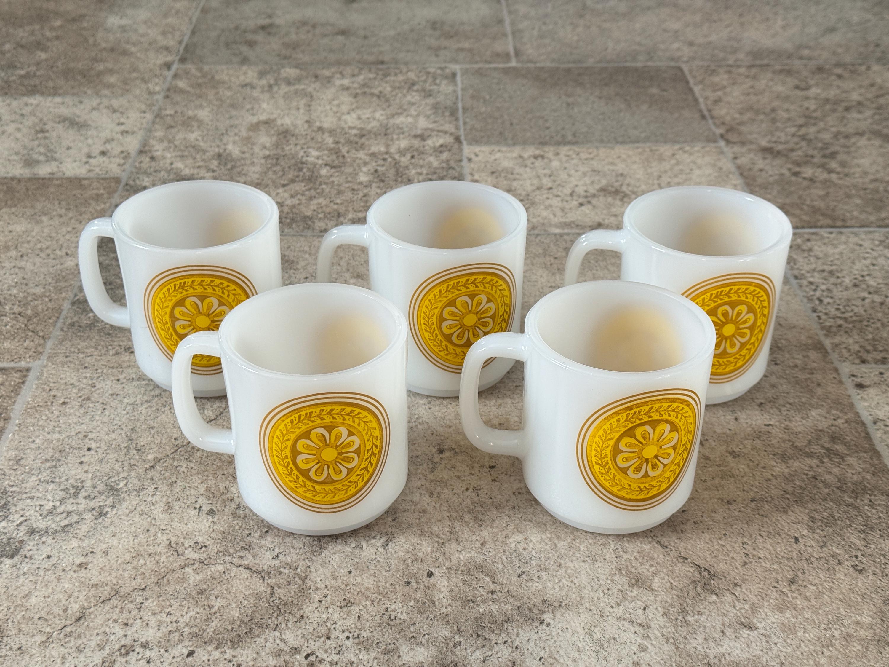 Set of 5 Vintage Milk Glass Mugs With Yellow Floral Medallion